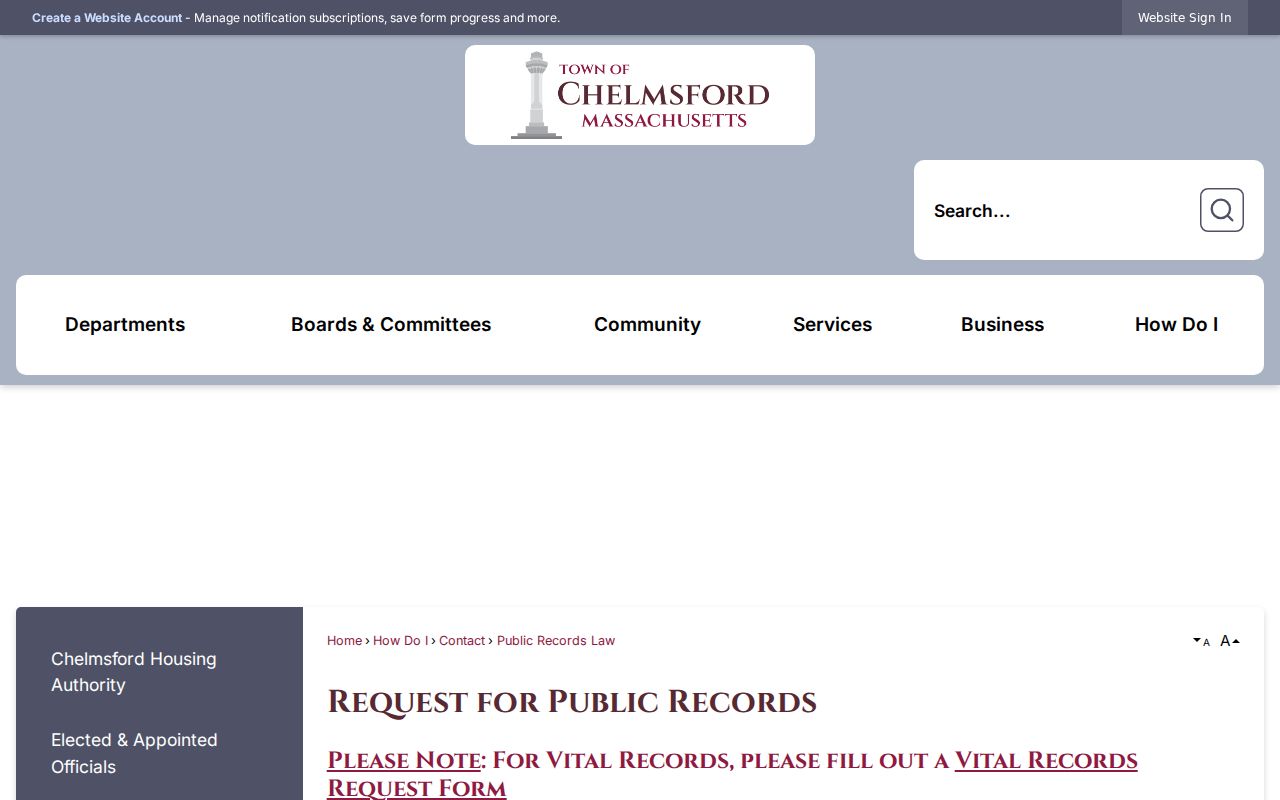 Chelmsford residents directory public records law guidance