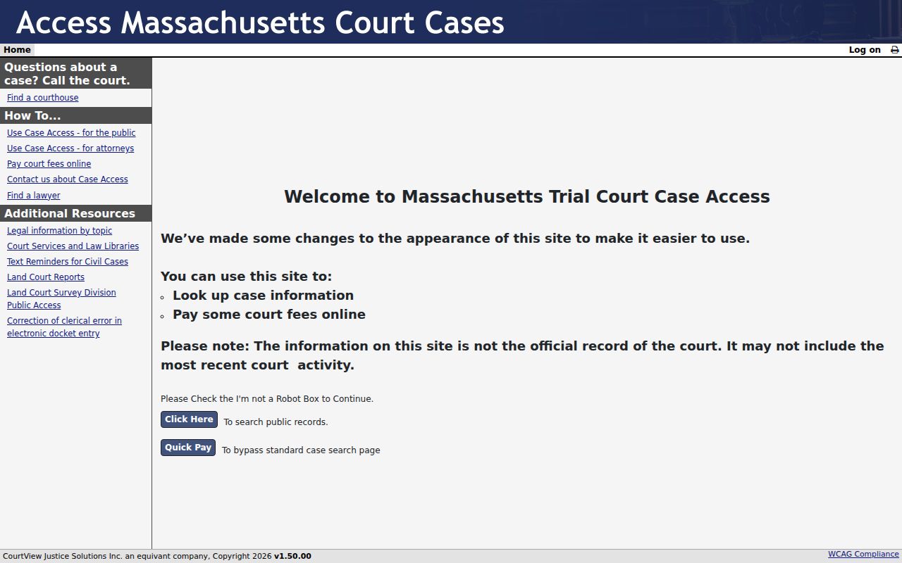 Chelmsford resident lookup view of MassCourts public search controls