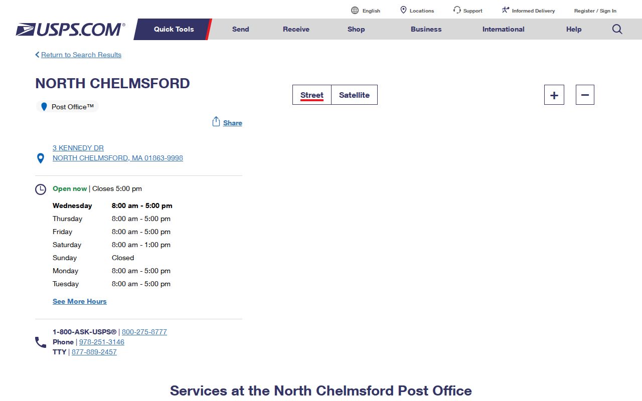 Chelmsford ZIP code directory view of North Chelmsford Post Office details